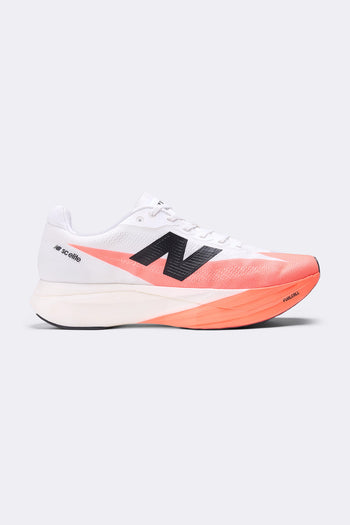 White and pink running shoe with black logo on a white background