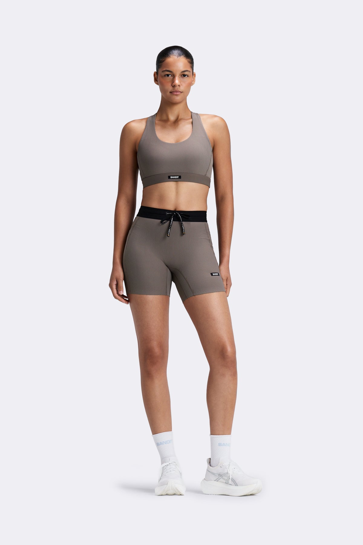 Women's Striped Cadence™ 5" Compression Shorts - Concrete Taupe / Cocoa